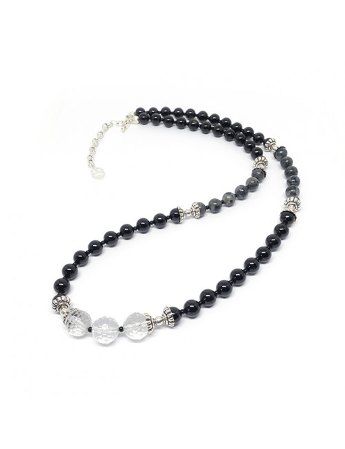 Collier homme en pierre Tourmaline, larvikite et cristal de roche facetté.