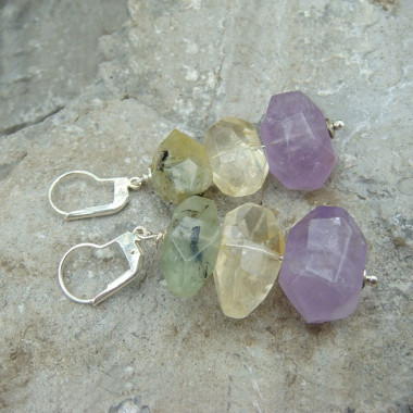 Boucles d'oreilles en améthyste, citrine et prehnite cristaux