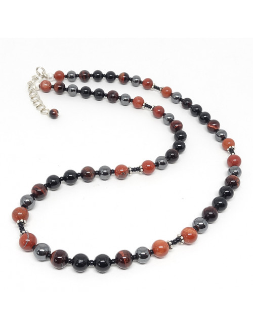 Collier homme en pierre Oeil de taureau, tourmaline, hématite et jaspe rouge.