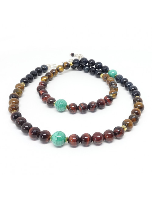 Pierres des 3 oeils (oeil de tigre, oeil de faucon et oeil de taureau) et malachite