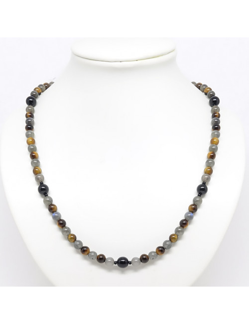 Collier Homme en PIERRE de labradorite, œil de tigre et tourmaline