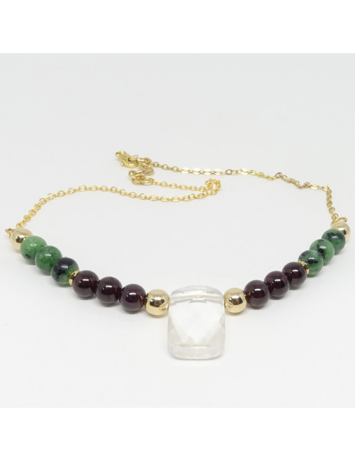 Zoïsite, grenat et cristal de roche facetté