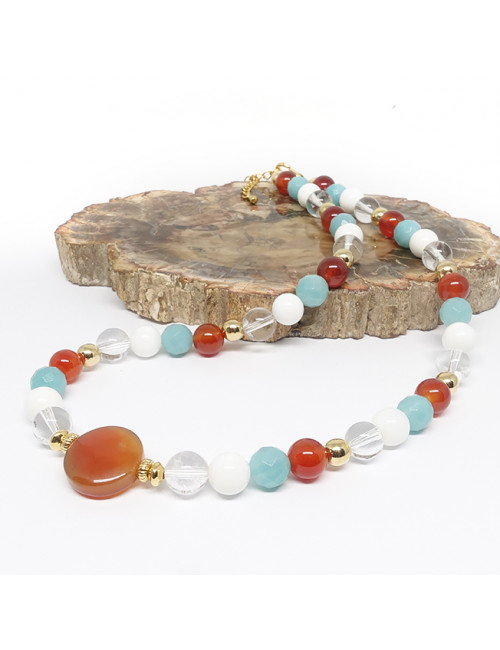 Cornaline, amazonite, cristal de roche et nacre