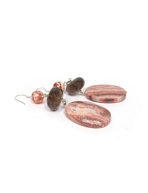 Boucles d'oreilles agate de feu, quartz fumé, jaspe 