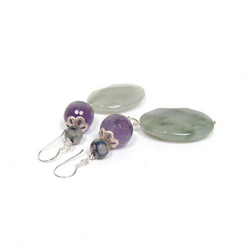 Boucles d'oreilles améthyste, jaspe, agate veinée