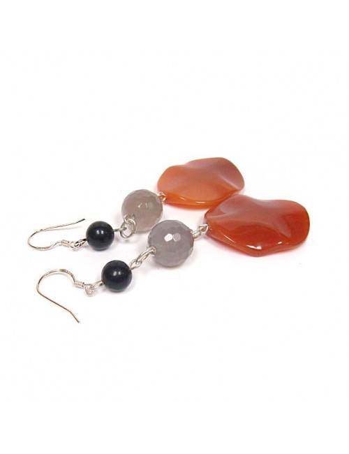 Boucles d'oreilles agate grise, noire et cornaline