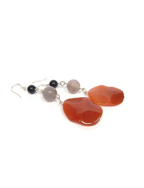 Boucles d'oreilles agate grise, noire et cornaline