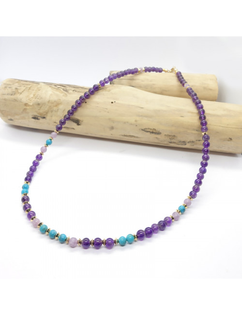 Collier fin en Améthyste, turquoise et lépidolite