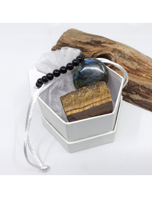 Coffret cadeau de pierres oeil de tigre, labradorite et tourmaline noire