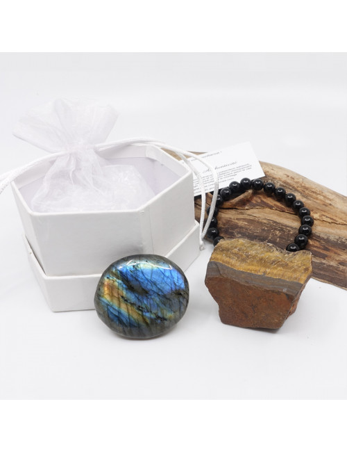 Coffret cadeau de pierres oeil de tigre, labradorite et tourmaline noire