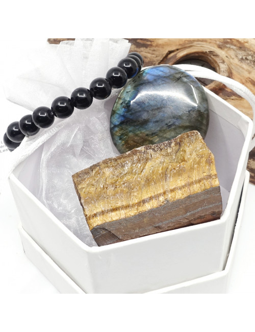 Coffret cadeau de pierres oeil de tigre, labradorite et tourmaline noire