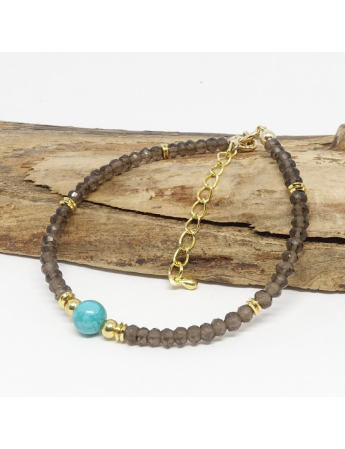 Bracelet fin et raffiné en PIERRE minérale de Quartz fumé et turquoise