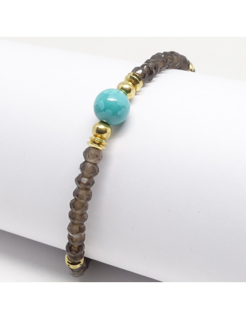 Bracelet fin et raffiné en PIERRE minérale de Quartz fumé et turquoise