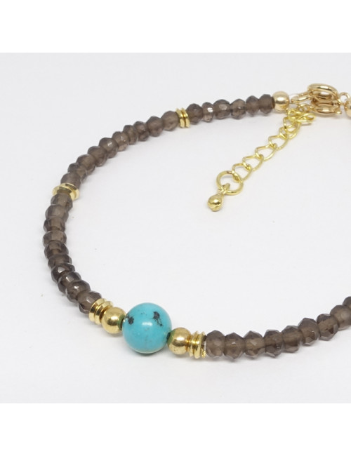 Bracelet fin et raffiné en PIERRE minérale de Quartz fumé et turquoise