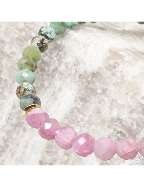 Chrysoprase et tourmaline rose facettées