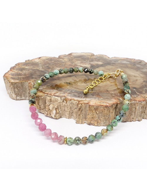 Chrysoprase et tourmaline rose facettées