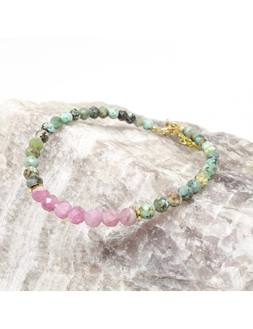 Chrysoprase et tourmaline rose facettées