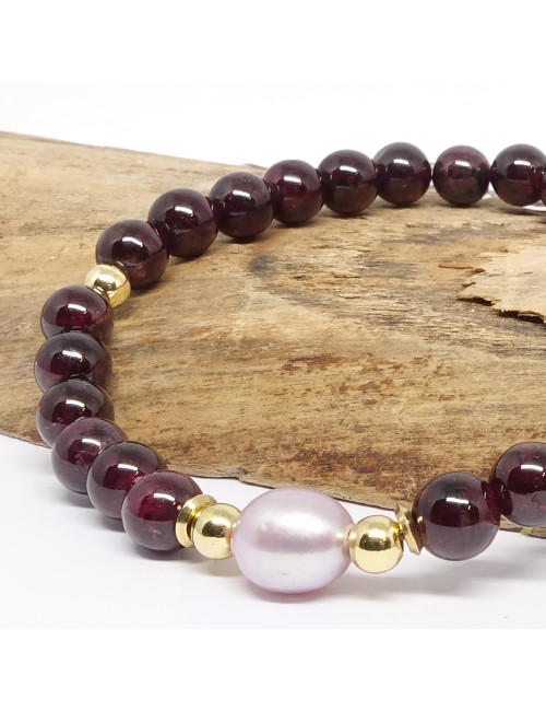 Bracelet extensible en PIERRE Grenat , biwa et plaqué or