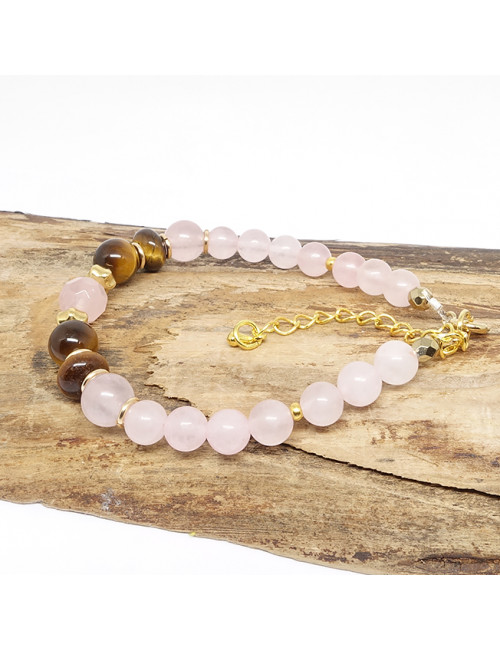 Bracelet création en PIERRE quartz rose et oeil de tigre avec Gold filled