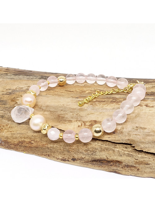 Quartz rose et perles biwa