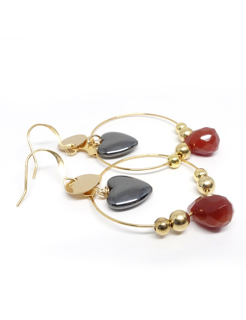 Boucles d'oreilles en PIERRE Cornaline briolette et coeur d'hématite