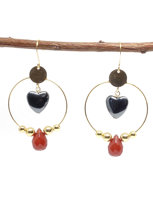 Boucles d'oreilles en PIERRE Cornaline briolette et coeur d'hématite