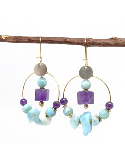 Boucles d’oreilles créoles avec pierres larimar et améthyste