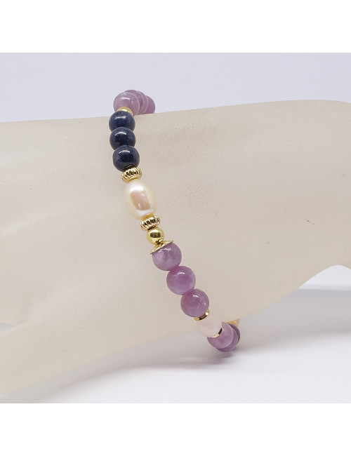 Saphir bleu, lépidolite, quartz rose et perle biwa