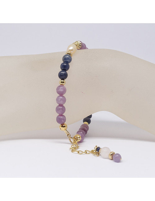 Saphir bleu, lépidolite, quartz rose et perle biwa