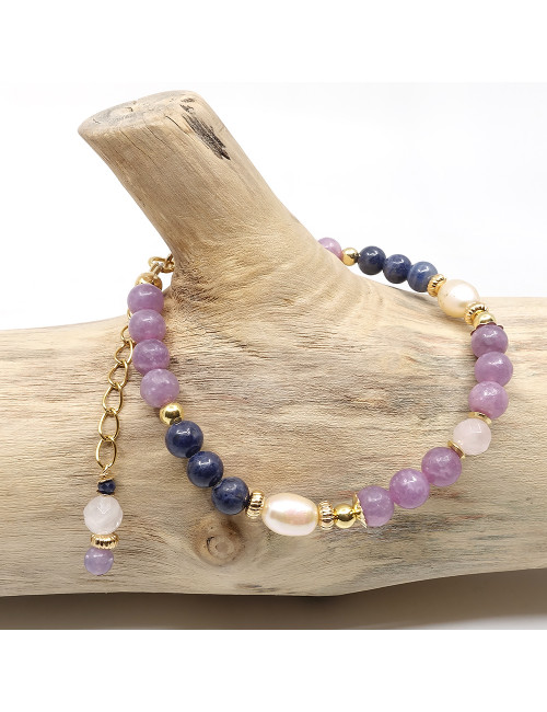 Saphir bleu, lépidolite, quartz rose et perle biwa