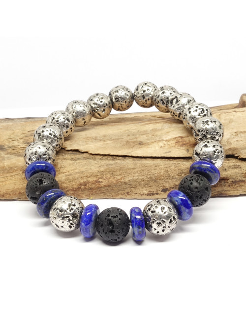 Bracelet extensible pour homme en PIERRE de lave argentée et lapis lazuli
