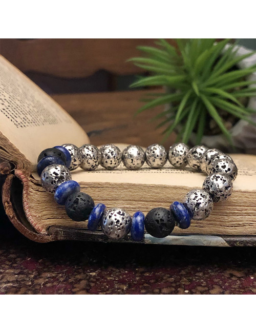Bracelet extensible pour homme en PIERRE de lave argentée et lapis lazuli