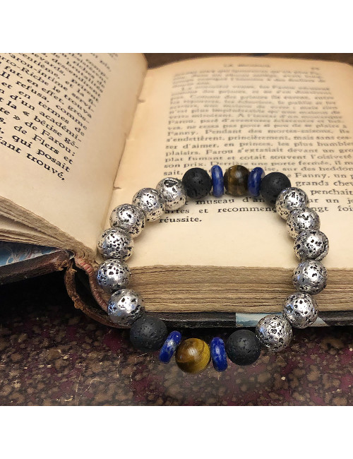 Bracelet extensible pour homme en PIERRE de lave argentée, oeil de tigre et lapis lazuli