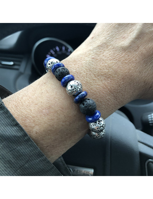Bracelet extensible pour homme en PIERRE de lave argentée, oeil de tigre et lapis lazuli