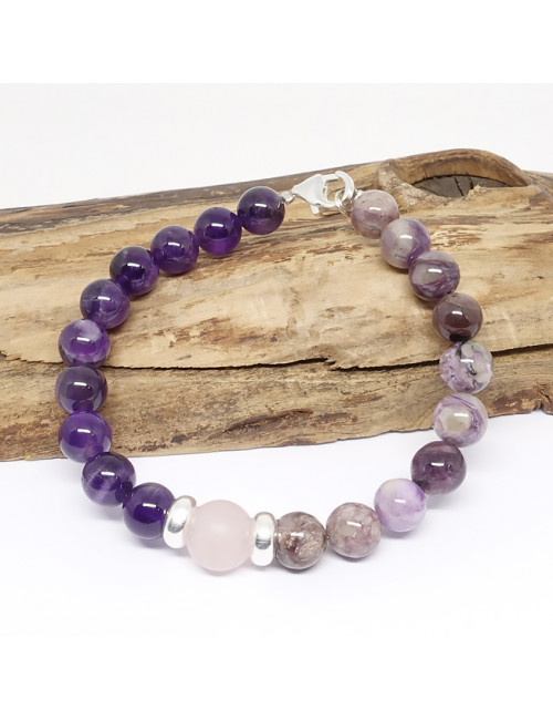 Charoïte, améthyste et quartz rose