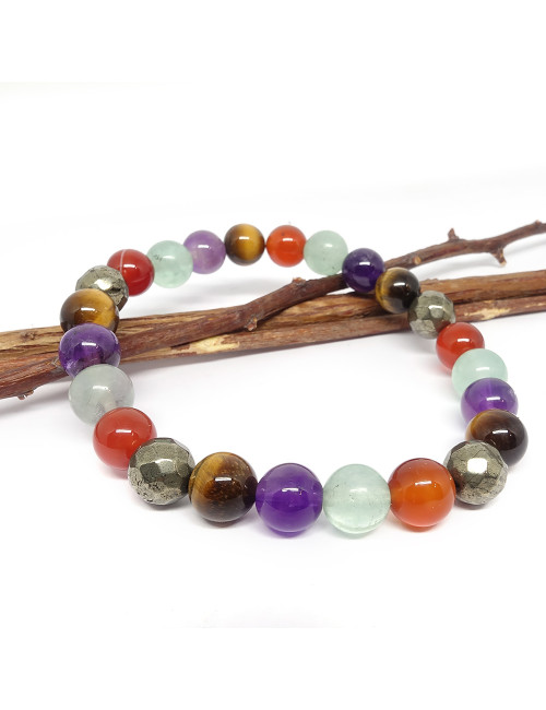 Pyrite, Oeil de tigre, Cornaline, Fluorite et améthyste, Bracelet extensible