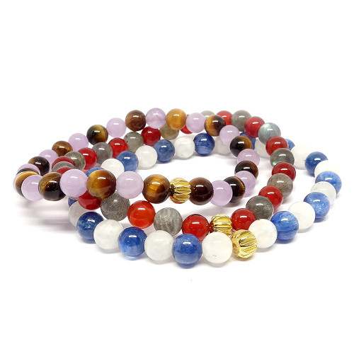 Bracelet extensible en PIERRE oeil de tigre et améthyste lavande