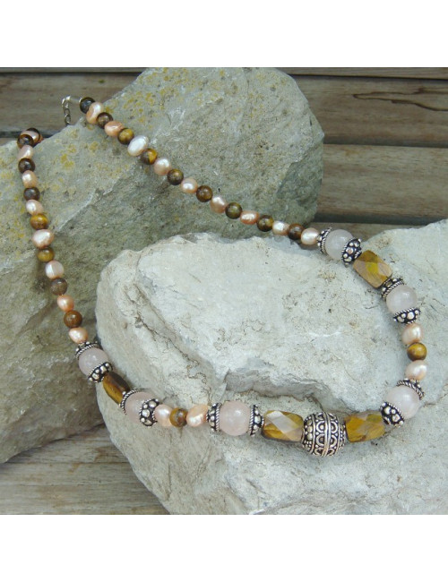 Collier oeil de tibre, quartz rose, biwa et argent 925