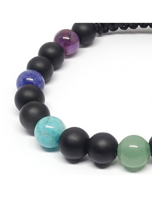 jaspe rouge, cornaline, citrine, aventurine, amazonite, lapis lazuli et améthyste et onyx matifiée.