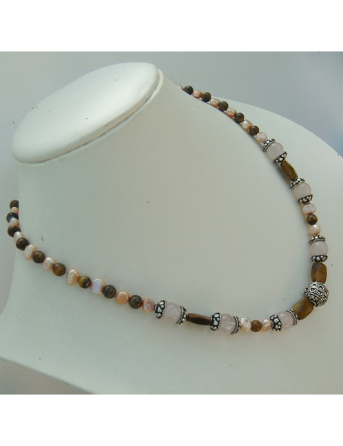 Collier oeil de tibre, quartz rose, biwa et argent 925