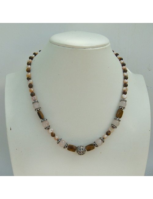 Collier oeil de tibre, quartz rose, biwa et argent 925