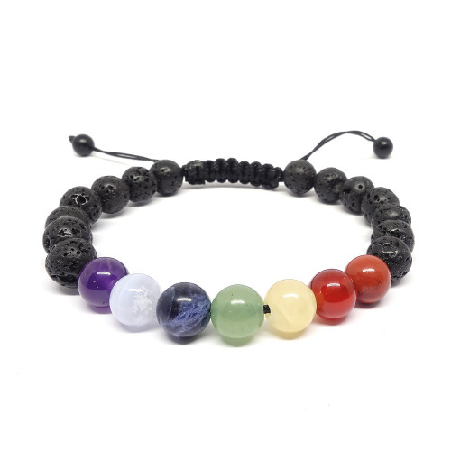 Bracelet 7 Chakras Pierres Naturelles – Lave, Jaspe, Citrine, œil Tigre, Aventurine, Lapis, Améthyste, Quartz – Élastique 19 Cm