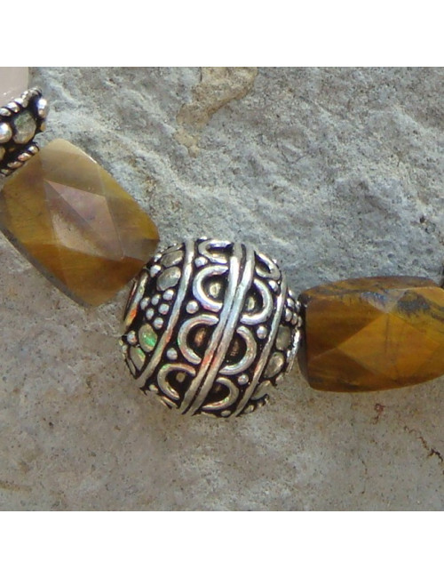 Collier oeil de tibre, quartz rose, biwa et argent 925