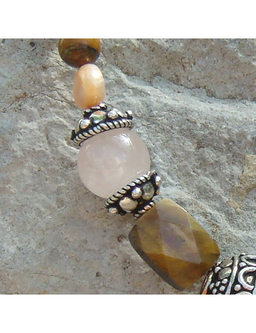 Collier oeil de tibre, quartz rose, biwa et argent 925