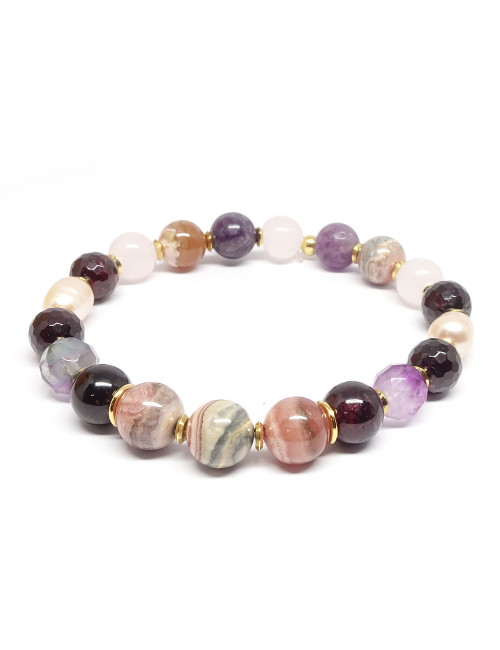 Rhodochrosite, grenat, biwa et quartz rose