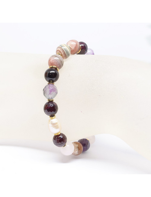 Rhodochrosite, grenat, biwa et quartz rose