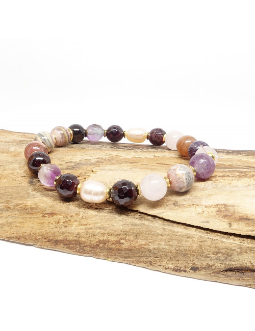 Rhodochrosite, grenat, biwa et quartz rose