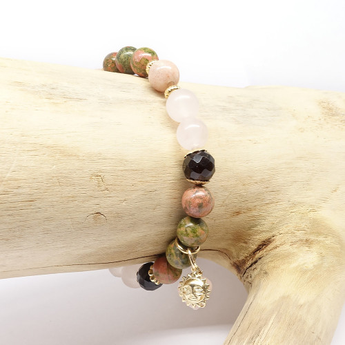 Unakite, quartz fumé, quartz rose et pierre de lune rose. Bracelet de la fertilité