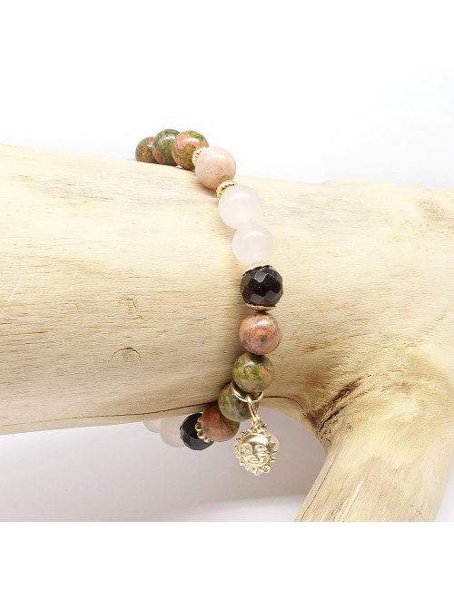 Unakite, quartz fumé, quartz rose et pierre de lune rose. Bracelet de la fertilité