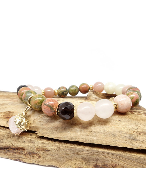 Unakite, quartz fumé, quartz rose et pierre de lune rose. Bracelet de la fertilité